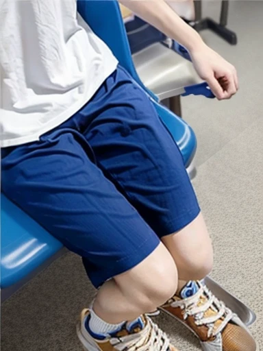 junior high school,Close-up of holding urine,(Lower abdominal pain),(Groin bulge),True manifestations of urgency,White underpants,In classrooms,sit on the chair