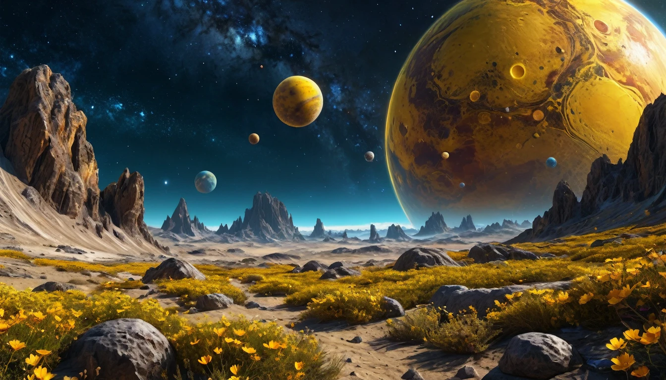 Beautiful space with mysterious yellow planets, trends on ArtStation, rich colourful, A detailed, complex, 16K, romanticism lying down, beautiful fantasy landscape, realistic and naturals, Cosmos Sky, Detailed full color, naturals, high definition photography, hyper-realistic photorealistic, NASA Elements, magical, A detailed, The bright, ultra-realistic realism