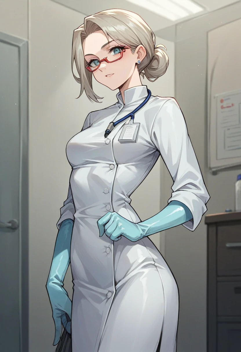 1girl, ((light blue elbow gloves)), ((surgical gloves)), ((latex gloves)), ((long sleeves)), ((white surgeon outfit)), ((doctor)), looking at viewer, standing, solo