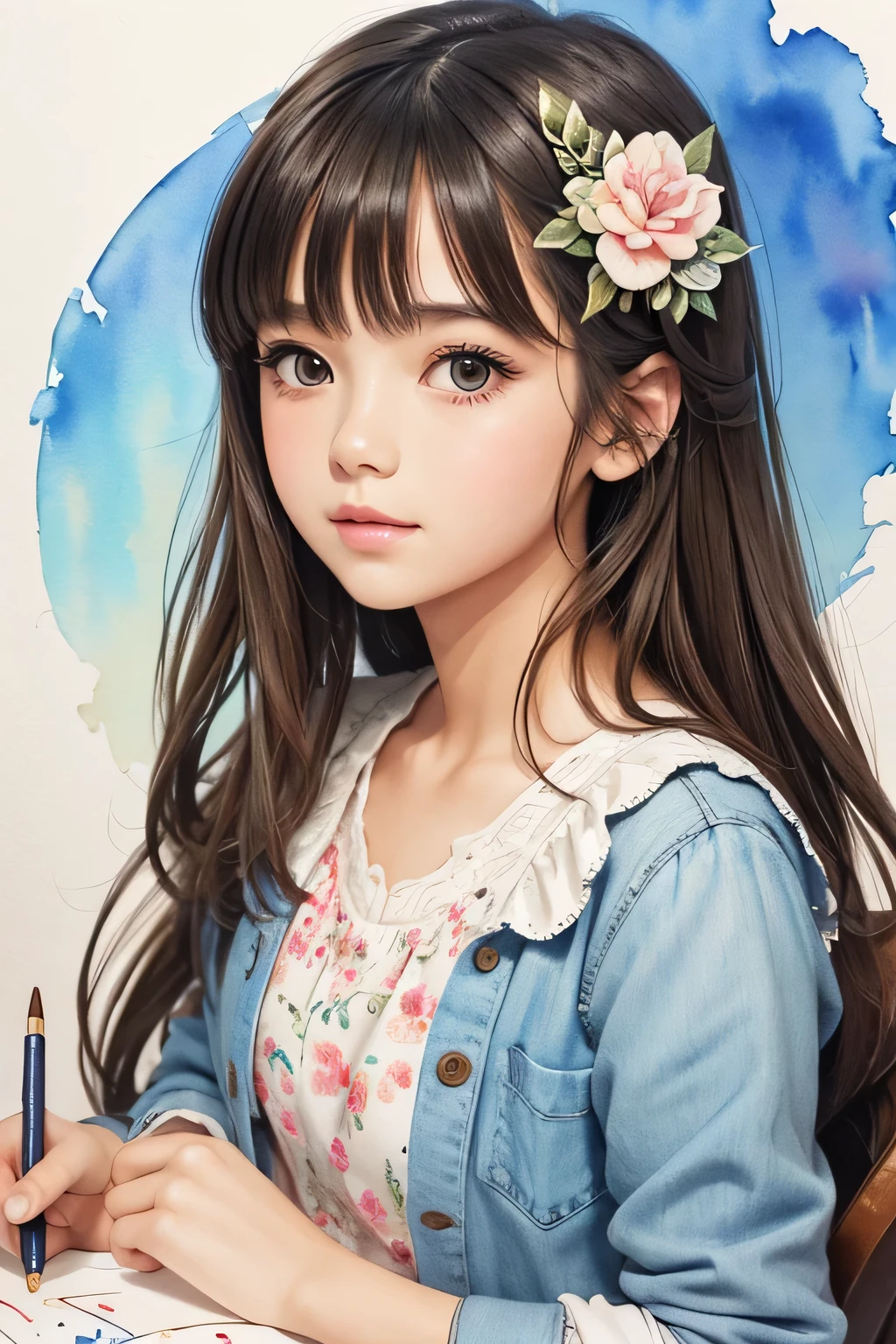 super detailed illustration, watercolor, hand drawn, cute girl, Masterpiece, best quality