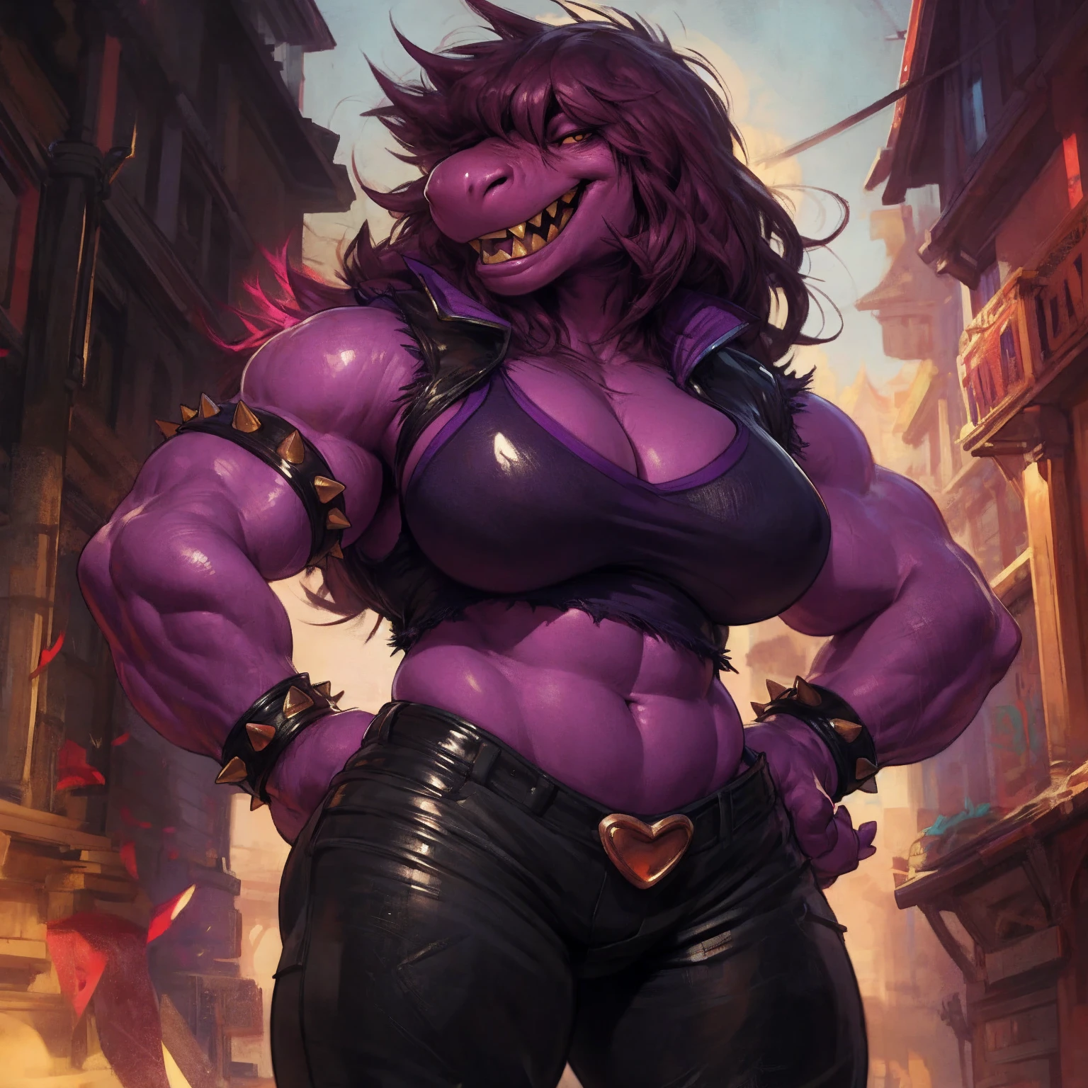 solo, 1girl, susie, susie deltarune, hands on hips, large breasts, cleavage, bare midriff, standing upright, laughing, looking at viewer, by darkgem, 