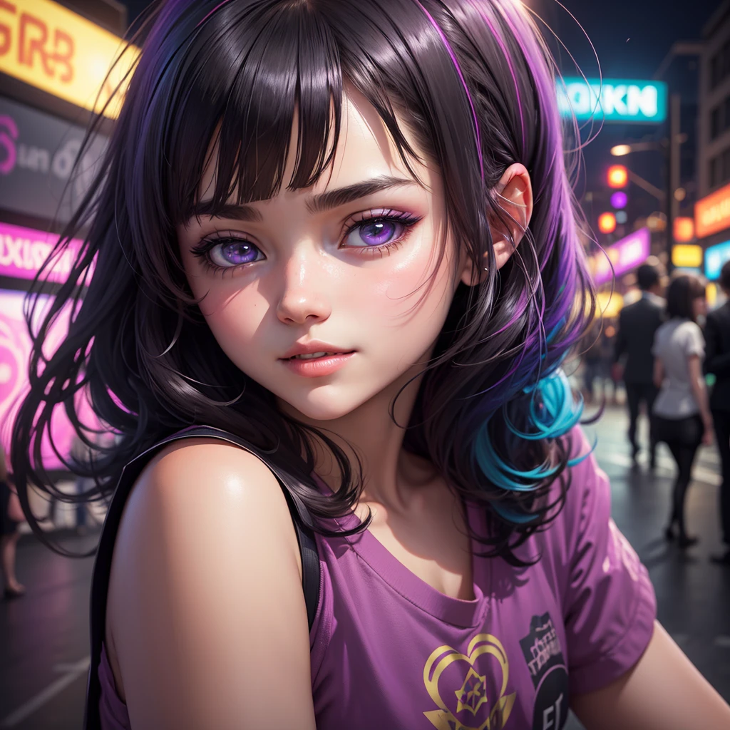 (CRU photo:1.2), (photorrealistic), beautiful detailed girl, very detailled eyes and face, beautiful detailed eyes, huge filesize, high resolution, very detailled, best qualityer, [work of art:1.6], illustration, very detailled, fine-details, best qualityer, 32K wallpaper, perfect lighting, work of art, about anime reality, maximum quality, ultra high definition, maximum resolution, very detailled, professional lighting, kabedon pov, looking ahead at viewer, presumptuous, girl is so high, girl is feeling good, 1 girl, girl in the big city, neon city, standing in the street, purple neon city, psychedelic colours, black short hair, Bob Cut, Red shirt, black pants, slanderous girl, glare eyes, very happy, psychedelic neon city, drugged girl, light neon psychedelic flowers,