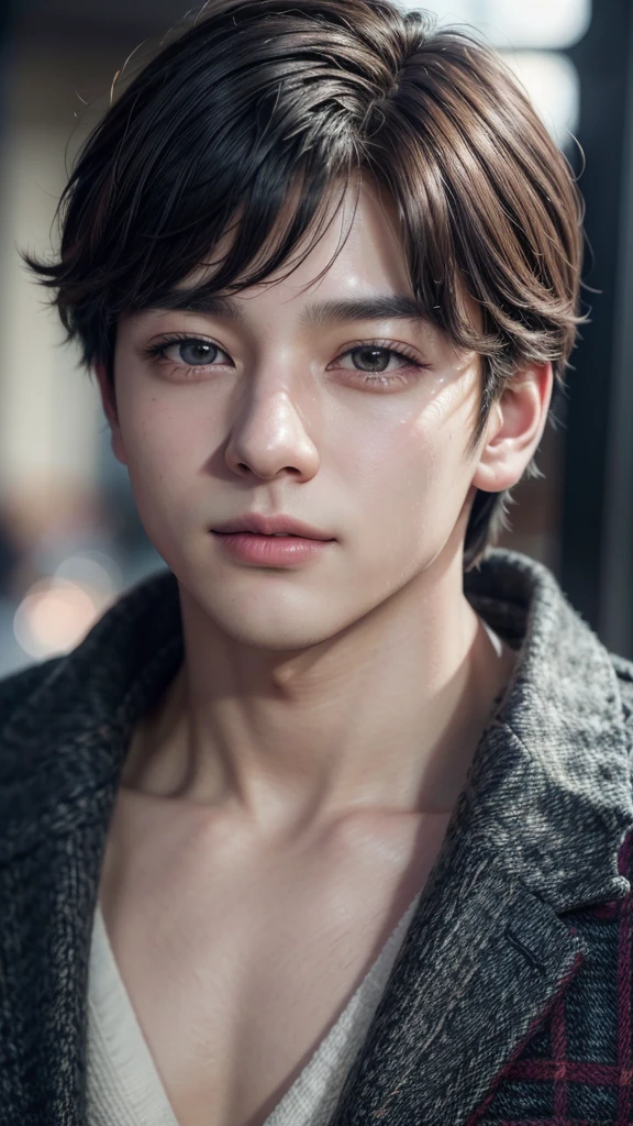 a beautiful young man, Jeon Jungkook, detailed portrait, beautiful detailed eyes, detailed nose and lips, flawless skin, mesmerizing gaze, warm smile, perfect facial features, stylish haircut, fashionable outfit, dynamic pose, cinematic lighting, vibrant colors, dramatic shadows, hyper-realistic, cinematic, digital art, intricate details, photorealistic, 8k, high quality