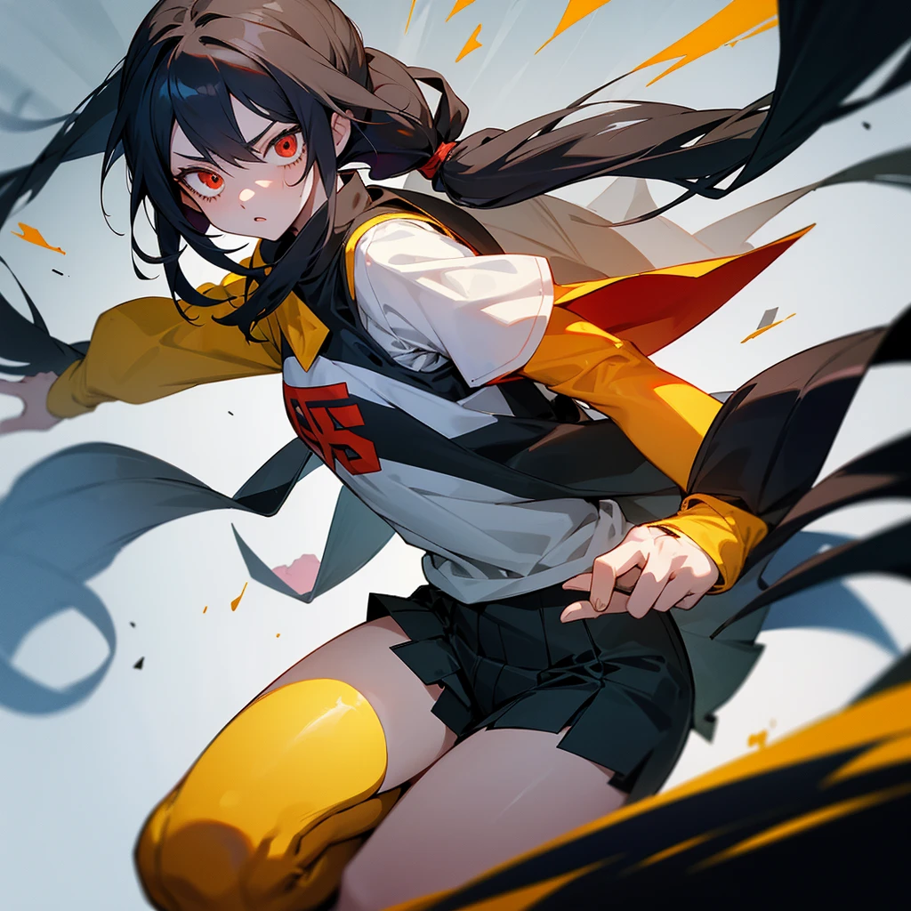 a pale girl, Her hair is black and she wears two low pigtails that fall on her shoulders due to her long hair., has a red eye (Right) and the other yellow (left), he is wearing a diver (Boku no hero academia). He is in a fighting position and a dark energy comes out of his hands..