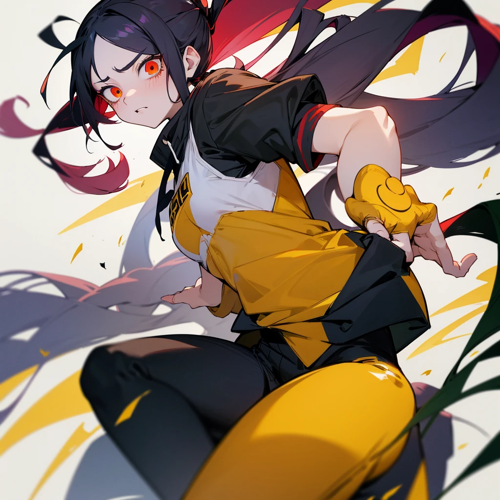 anime style...a pale girl, Her hair is black and she wears two low pigtails that fall on her shoulders due to her long hair., has a red eye (Right) and the other yellow (left), He is wearing the UA sports uniform (Boku no hero academia). He is in a fighting position and a dark energy comes out of his hands..