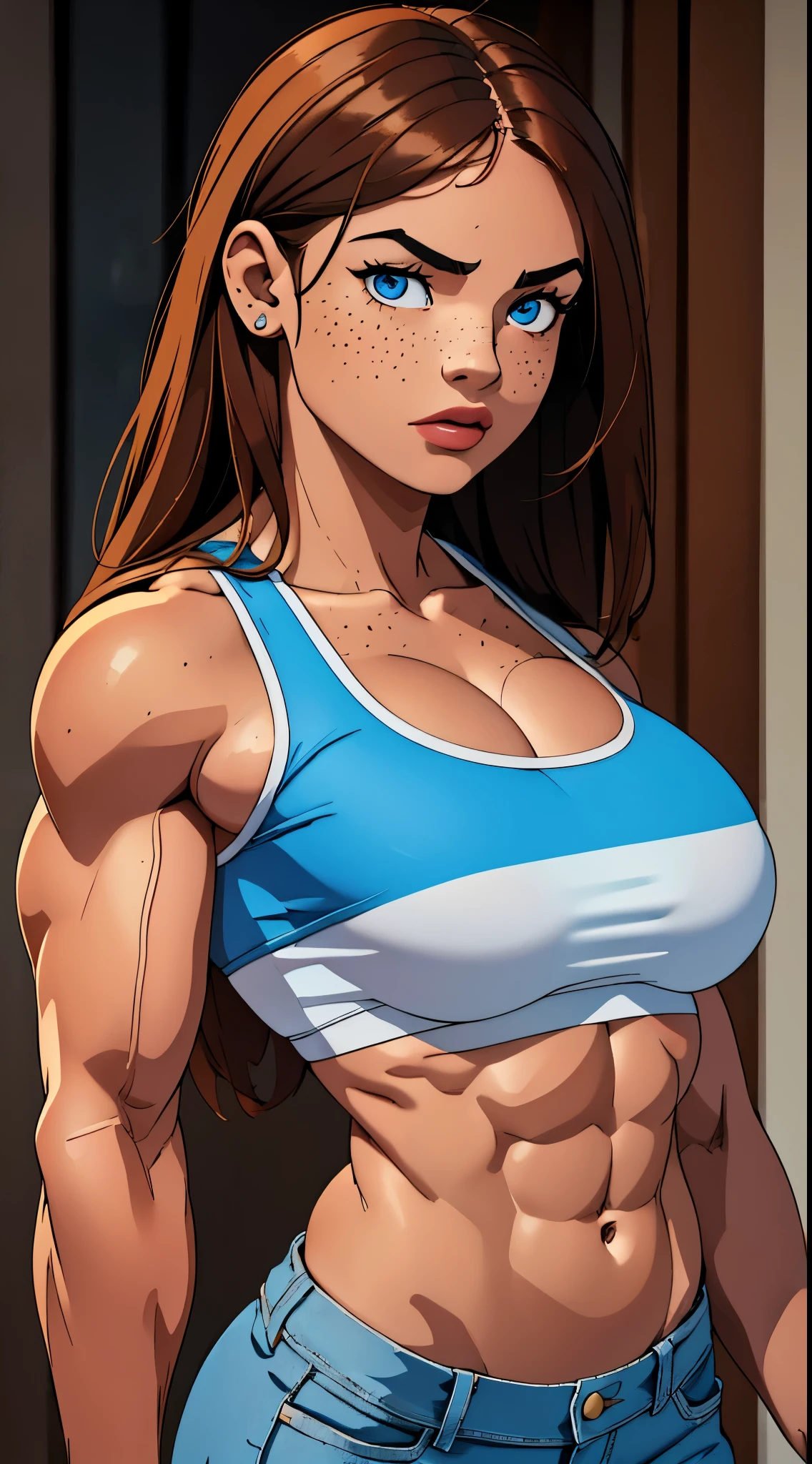 A beautiful young Italian girl with a muscular, busty physique, light brown hair, piercing blue eyes, and adorable freckles, wearing casual clothing, showcasing her incredibly defined and hyper muscular biceps, (best quality,4k,8k,highres,masterpiece:1.2),ultra-detailed,(realistic,photorealistic,photo-realistic:1.37),hyper muscular, busty, muscular, Italian, young girl, light brown hair, blue eyes, freckles, casual clothing, defined biceps, strong, athletic, dynamic pose