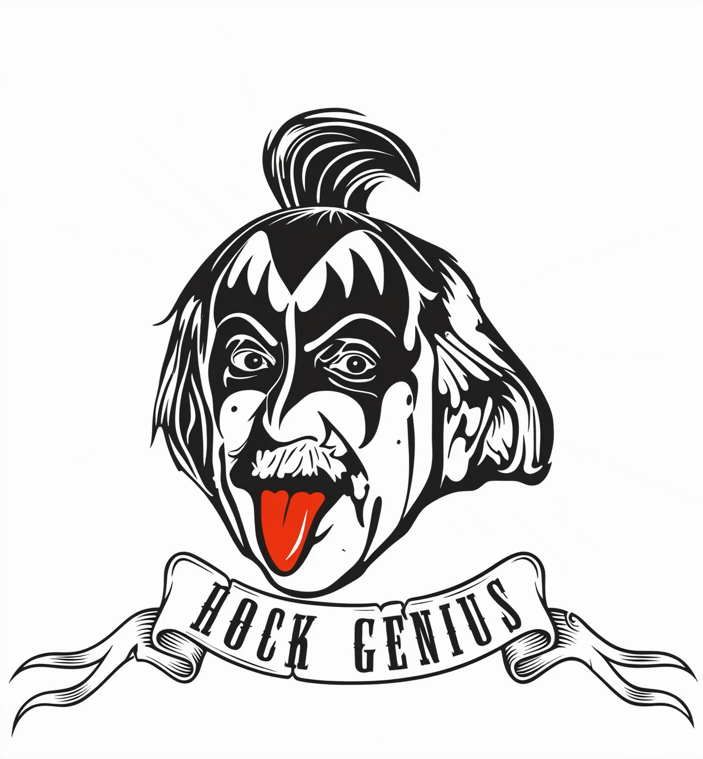 I understood! Here is the plain text version of the prompt:
Create an iconic image that combines the famous portrait of Albert Einstein with his tongue sticking out and making a face, styled with the makeup of Kiss musician Gene Simmons. The image must capture the irreverence and rebellious spirit of rock, while maintaining the genius and intelligence associated with Einstein. Use the classic portrait of Albert Einstein with his tongue hanging out as a base. Add Gene Simmons' signature black and white makeup, including the dramatic facial lines around the eyes and the black area around the mouth. Einstein must be making an amused face, with red tongue extended and exaggerated, em um gesto de atitude rock 'n' roll. Include additional details like a rock hairstyle, maybe with a slight mohawk or tousled hair, reminiscent of Gene Simmons' style. Add a black leather jacket with rivets or a vest with metal elements. Create a dynamic background with rays of light radiating from the center, highlighting Einstein. Include elements like electric guitars, musical notes, and amplifiers in the background to reinforce the rock theme. Use a color palette that includes black, offwhite, rot, and touches of silver/metallic to capture the essence of classic rock. Optionally, add a banner at the bottom of the image with the phrase "Rock Genius" in a stylized and bold typography. Include your name or logo discreetly in one corner of the image. The image must be visually impactful, divertida, it's unique, combining elements of genius and rebellion. It should work well as t-shirt art., Posters, or other graphic products.