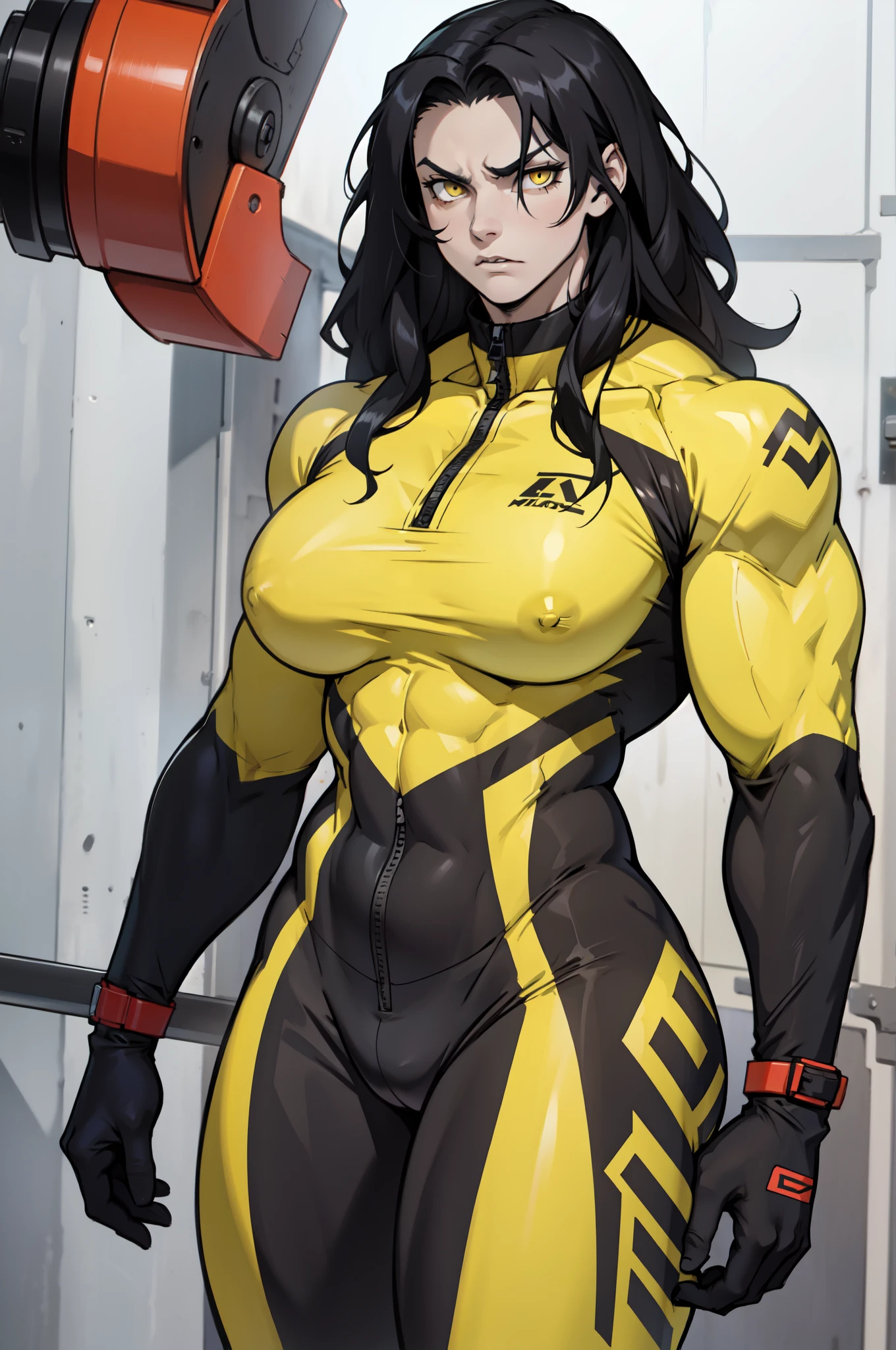 pale skin solo 1 girl black hair yellow eyes angry very long hair dark atmosphere (huge breasts bodybuilder toned body muscular) skinsuit standing