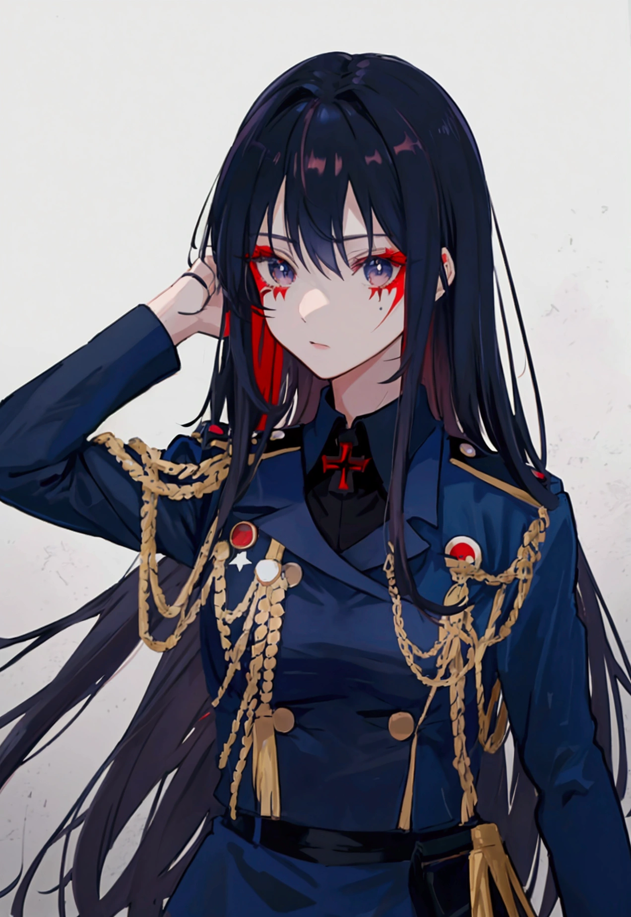 Anime is a military girl wearing a dark blue uniform with dark red elements. Black eyes, white long hair, and a scar on her neck.