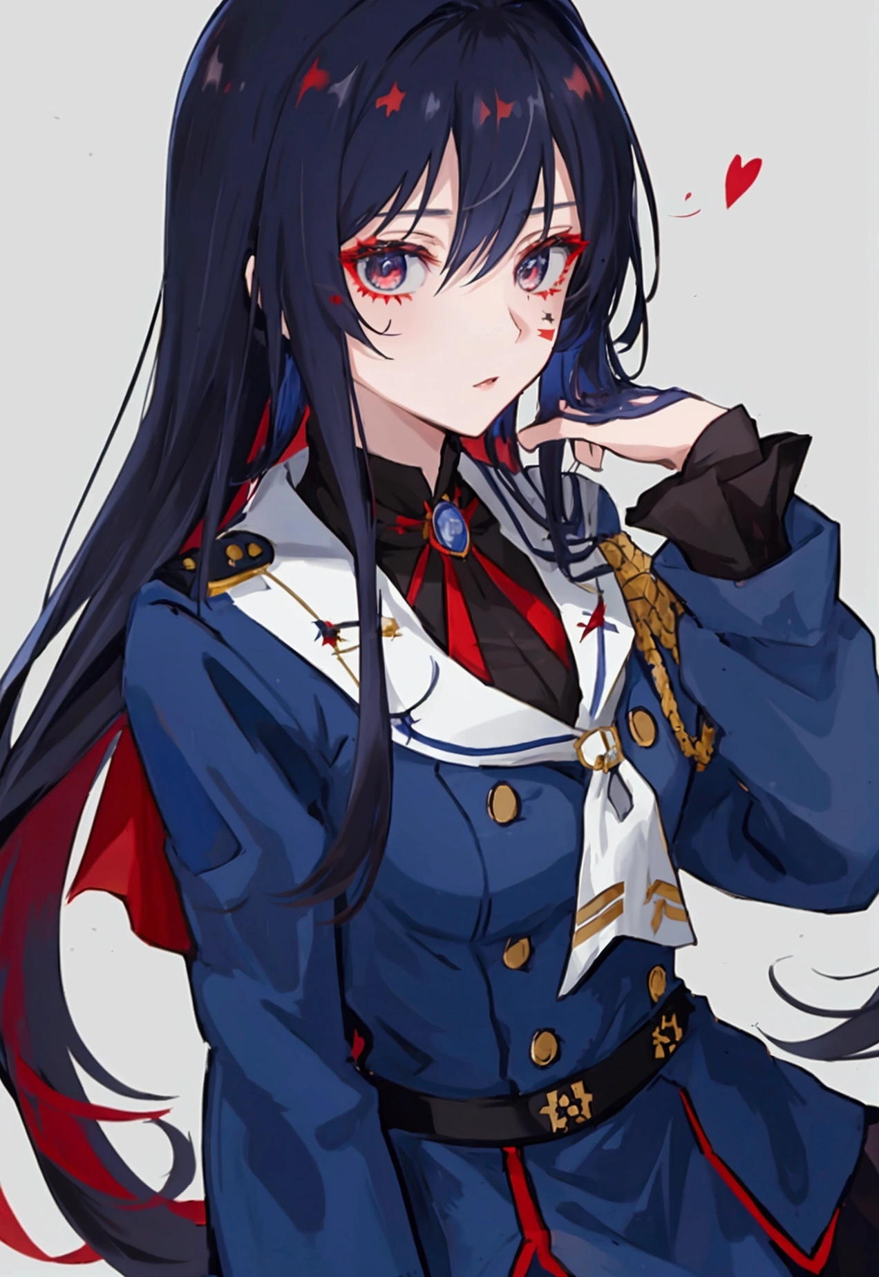 Anime is a military girl wearing a dark blue uniform with dark red elements. Black eyes, white long hair, and a scar on her neck.