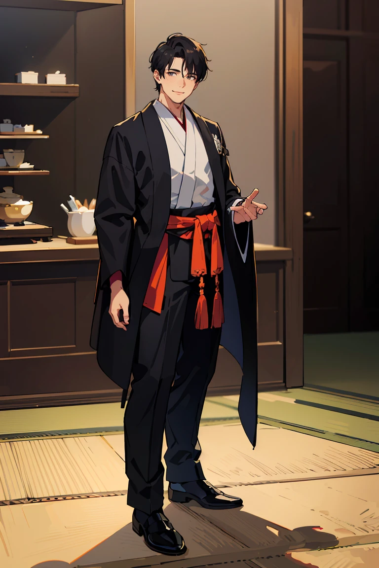 masterpiece, best quality, highly detailed background, perfect lighting, best quality, (extremely detailed face), volumetric lighting, intricate details, shadow, tonemapping, sharp focus, hyper detailed, trending on Artstation, (solo), ((Looking at the viewer)), (man) ((Young man)) (Black hair), ((thin)), ((delicate)), ((thin and fine figure)), ((elegant)), ((smile)), ((traditional men's clothing)) ((Japan))