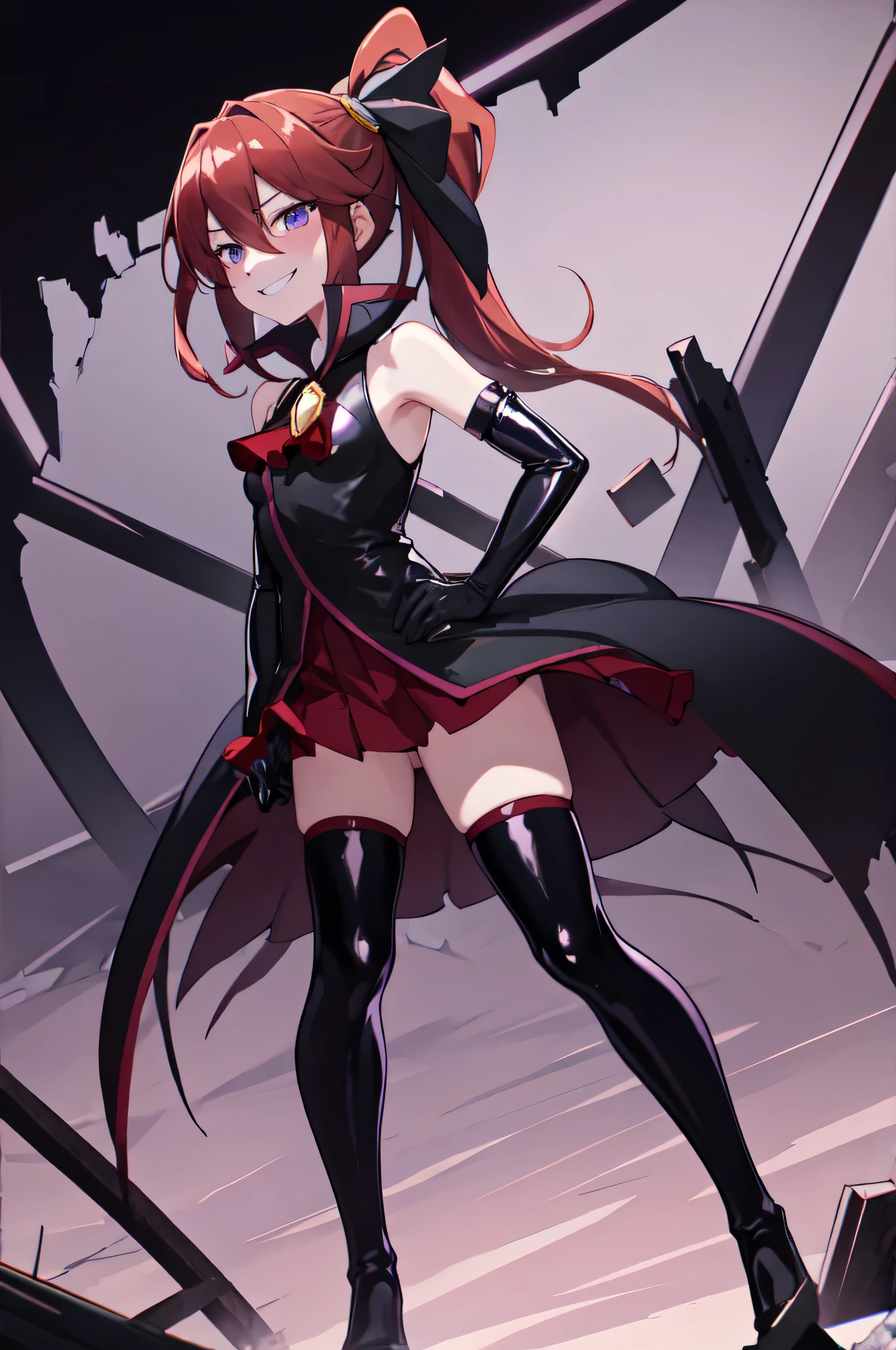 Highest quality, masterpiece, One Girl,Not beautiful, Red Ponytail, Long dress, brooch, Hair Ribbon, - Elbow hand pockets, Black knee socks, Standing on the rubble, (Wicked Smile:1.1), ,,Dark shadowed face,Sadistic smile,Malice,Contempt,smile,latex,Bad face,,Red Skirt,two hands,two legs,five fingers,black and purple background,elbow gloves,latex,