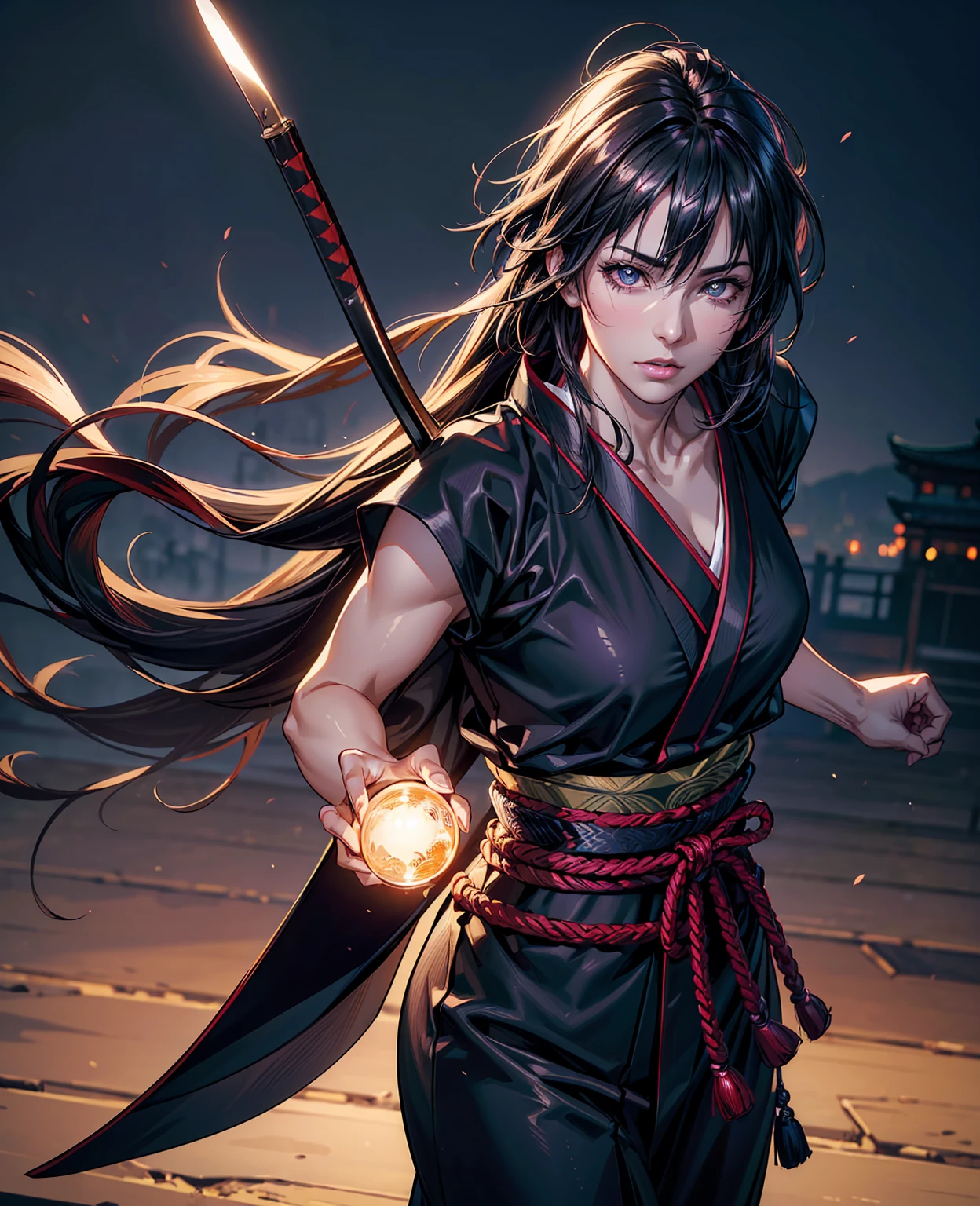 a high quality katana, a japanese kurisagama blade, intricate detailed hamon pattern, shiny metal surface, glowing edge, dramatic lighting, dark moody atmosphere, cinematic lighting, masterfully crafted, traditional japanese design, highly detailed, photorealistic, 8k, (best quality, 4k, 8k, highres, masterpiece:1.2), ultra-detailed, (realistic, photorealistic, photo-realistic:1.37), professional, vivid colors, studio lighting