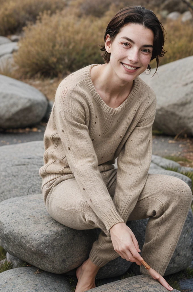 s0phia_n0texist sitting on a rock, wearing a high-necked wool sweater and pants, souriant, freckled, marcher le long d&#39;a mountain trail, [photo du visage], [cadre central], en regardant la caméra, Facing the camera