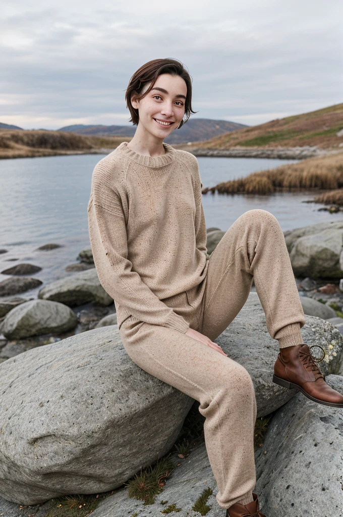 s0phia_n0texist sitting on a rock, wearing a high-necked wool sweater and pants, souriant, freckled, marcher le long d&#39;a mountain trail, [photo du visage], [cadre central], en regardant la caméra, Facing the camera