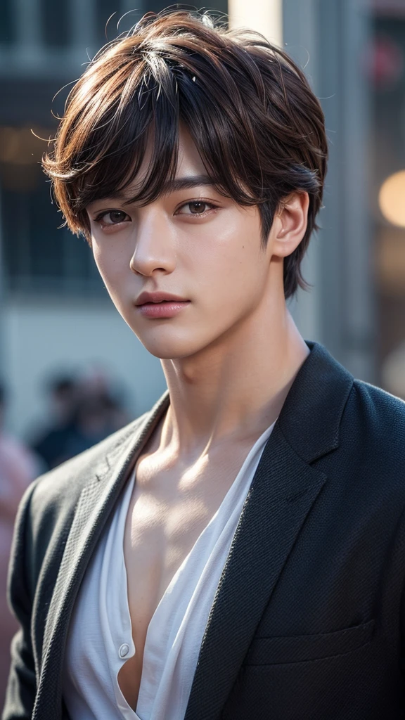 a beautiful young man, Jeon Jungkook, detailed portrait, beautiful detailed eyes, detailed nose and lips, flawless skin, mesmerizing gaze, warm smile, perfect facial features, stylish haircut, fashionable outfit, dynamic pose, cinematic lighting, vibrant colors, dramatic shadows, hyper-realistic, cinematic, digital art, intricate details, photorealistic, 8k, high quality