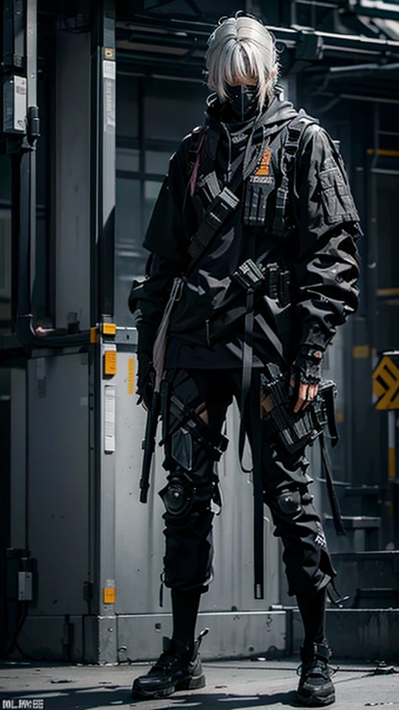 full-body shot,male,Silver hair,gray hair,Functional wear style,Cyberpunk style,Holding m4a1 assault rifle in hand