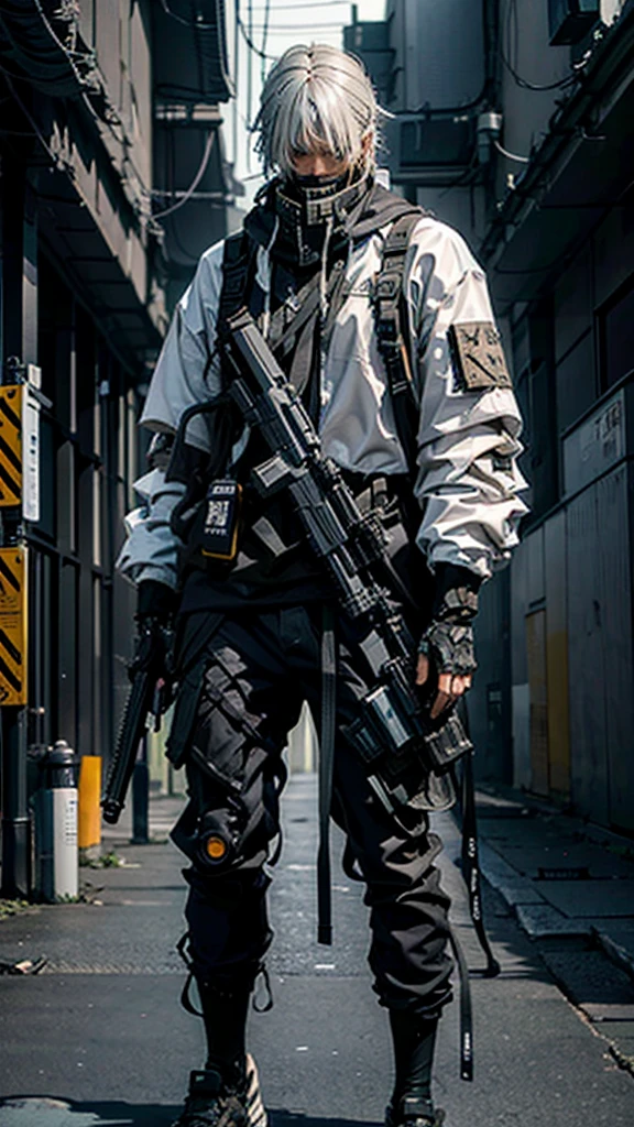 full-body shot,male,Silver hair,gray hair,Functional wear style,Cyberpunk style,Holding m4a1 assault rifle in hand