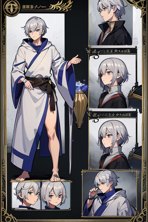 masterpiece, Highest quality, High resolution，(Character design sheet、front、side、back、Right diagonally forward)、Anime Style、Anatomically correct、Every detail、Extremely detailed、Handsome、Silver Hair、short hair、male、blue eyes、Wizard、White Robe