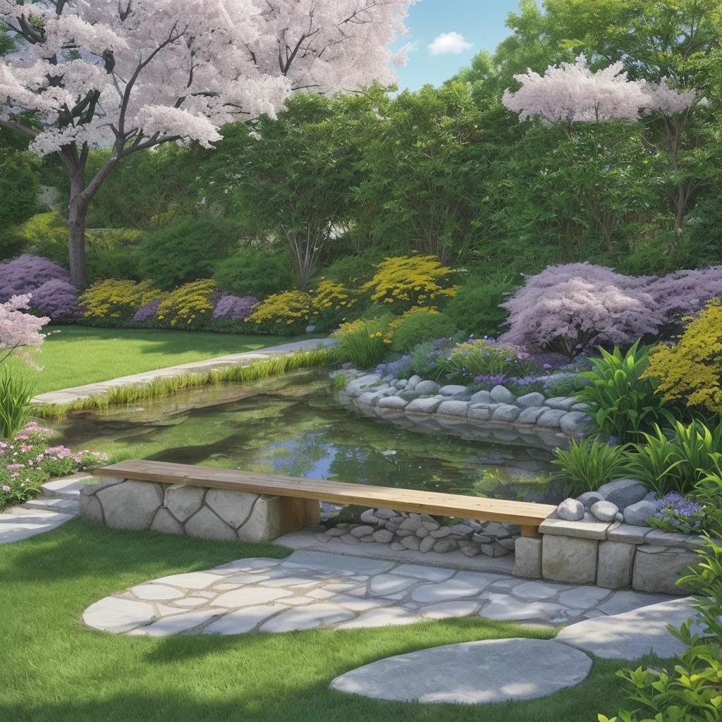 Create a landscaping project, with a small crystal clear lake with stone borders, a peda walkway, a deck with wooden benches, a wooden pergola cover, broadleaf plants, flowers, a purple flowering tree, another tree with yellow flowers, a third tree with pink flowers, lawn ((perfection))((realism))((Rendering)).