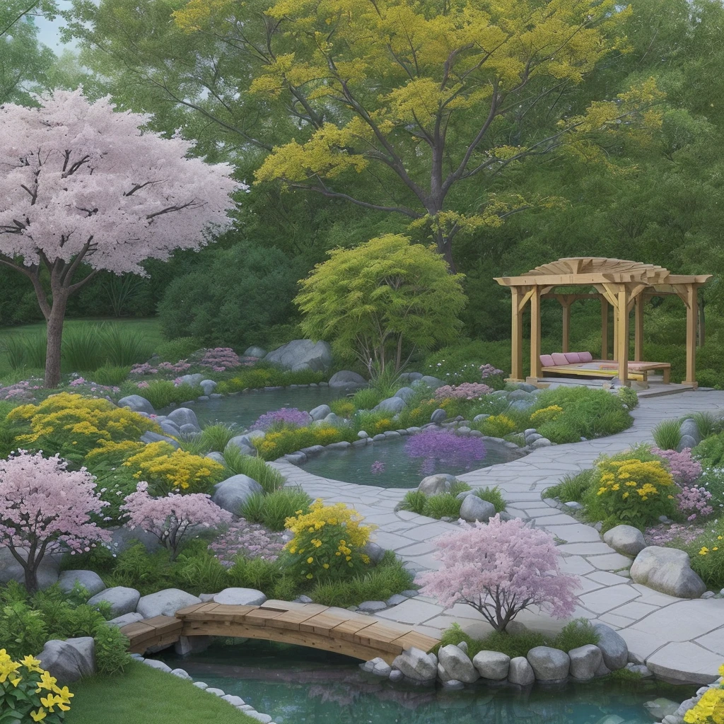 Create a landscaping project, with a small crystal clear lake with stone borders, a peda walkway, a deck with wooden benches, a wooden pergola cover, broadleaf plants, flowers, a purple flowering tree, another tree with yellow flowers, a third tree with pink flowers, lawn ((perfection))((realism))((Rendering)).