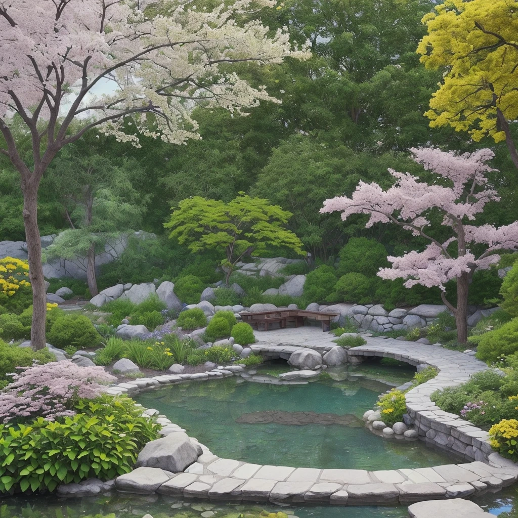 Create a landscaping project, with a small crystal clear lake with stone borders, a peda walkway, a deck with wooden benches, a wooden pergola cover, broadleaf plants, flowers, a purple flowering tree, another tree with yellow flowers, a third tree with pink flowers, lawn ((perfection))((realism))((Rendering)).