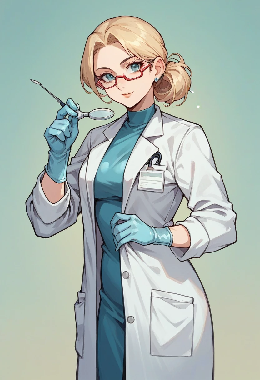 1girl, ((light blue gloves)), ((surgical gloves)), ((latex gloves)), ((long sleeves)), ((white surgeon outfit)), ((doctor)), looking at viewer, standing, solo