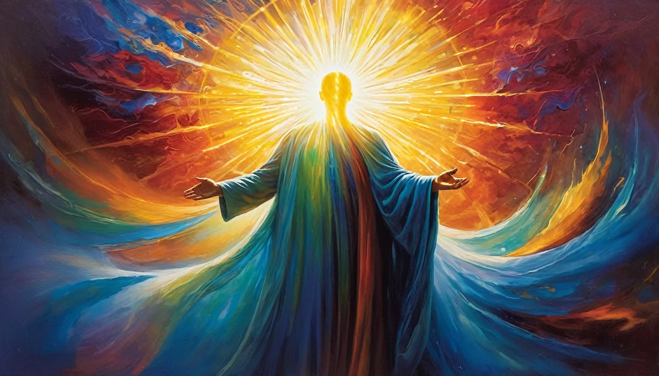 Para criar uma imagem semelhante à que você forneceu, use o seguinte prompt:
Prompt em Inglês:
css
Copiar código
"Create a surreal digital artwork depicting a chosen one emitting radiant light and energy, floating in the center of the image. The chosen one should have a glowing, ethereal appearance, surrounded by swirling, vibrant colors that represent their spiritual power. Around the chosen one, there should be a crowd of people with awe-struck and curious expressions, some reaching out towards the figure while others appear to be recoiling. The background should feature abstract, cosmic elements with swirling patterns and vivid hues, enhancing the mystical atmosphere.