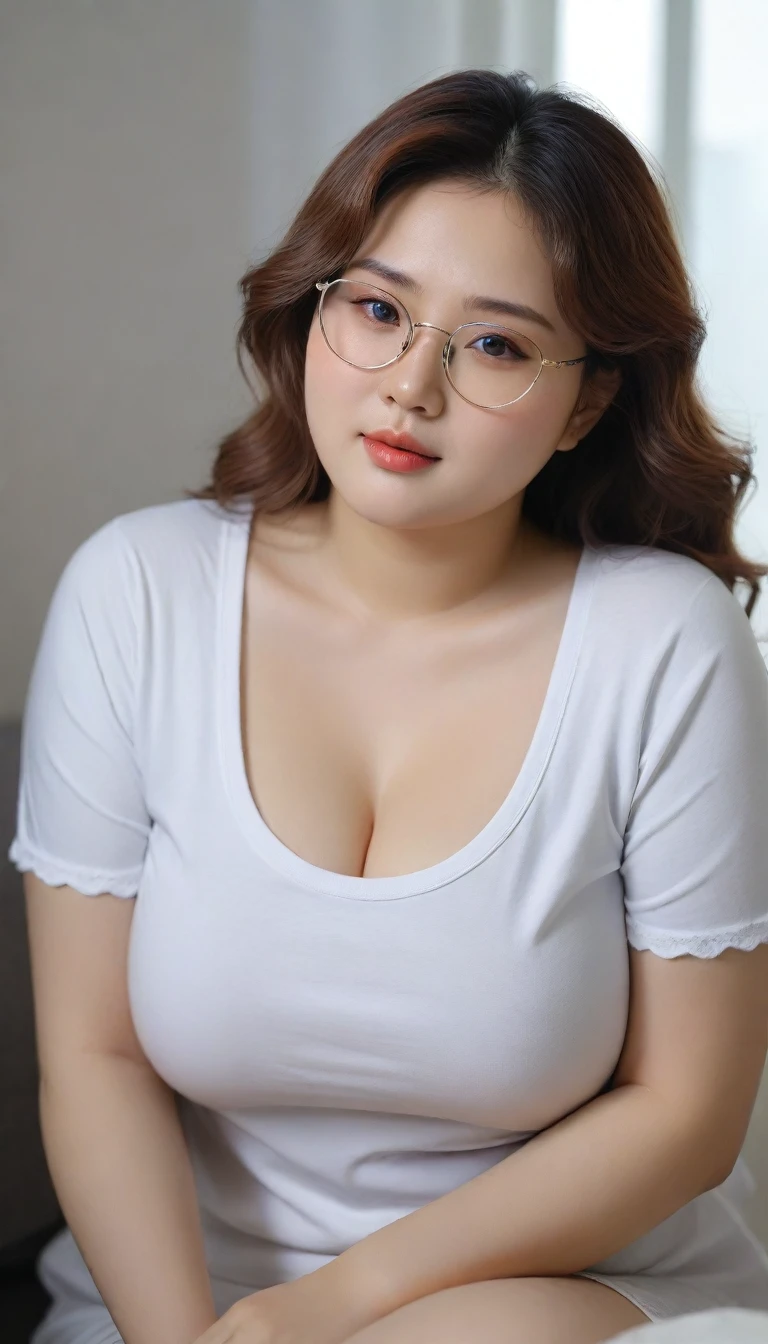 Close-up shot of beautiful korean female, 36 inch breasts size,chubby girl, wavy hair, glasses, waering rolled sleeves t-shirt, watching television , in her room, near the window, UHD