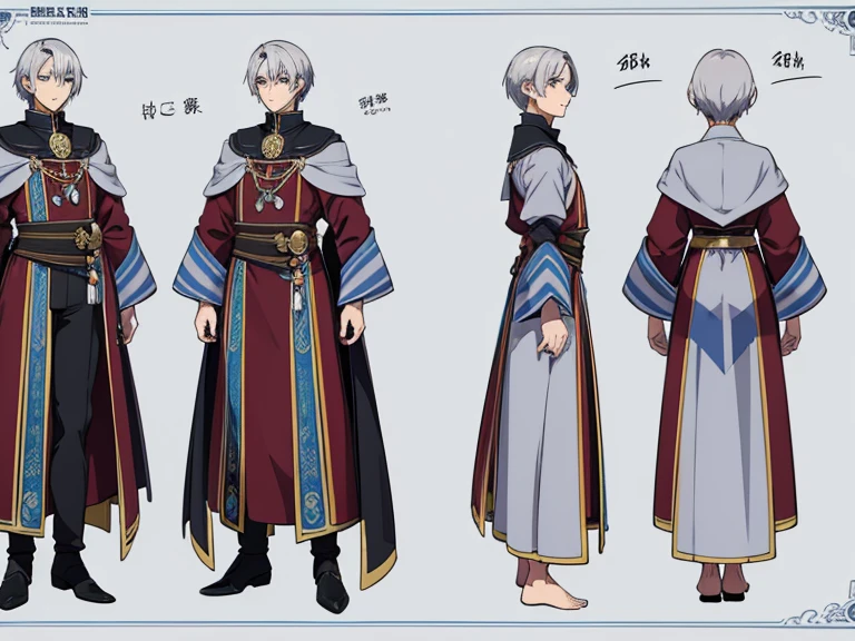 masterpiece, Highest quality, High resolution，(Character design sheet、front、side、back、Right diagonally forward)、Anime Style、Anatomically correct、Every detail、Extremely detailed、Handsome、Silver Hair、short hair、male、blue eyes、Wizard、White Robe
