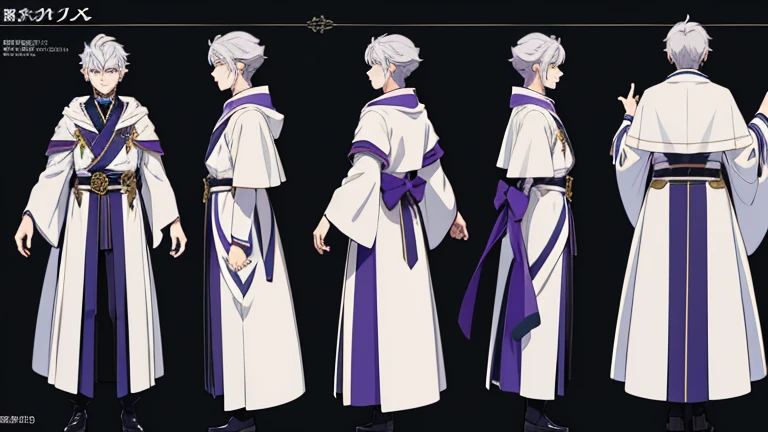 masterpiece, Highest quality, High resolution，(Character design sheet、front、side、back、Right diagonally forward)、Anime Style、Anatomically correct、Every detail、Extremely detailed、Handsome、Silver Hair、short hair、male、blue eyes、Wizard、White Robe