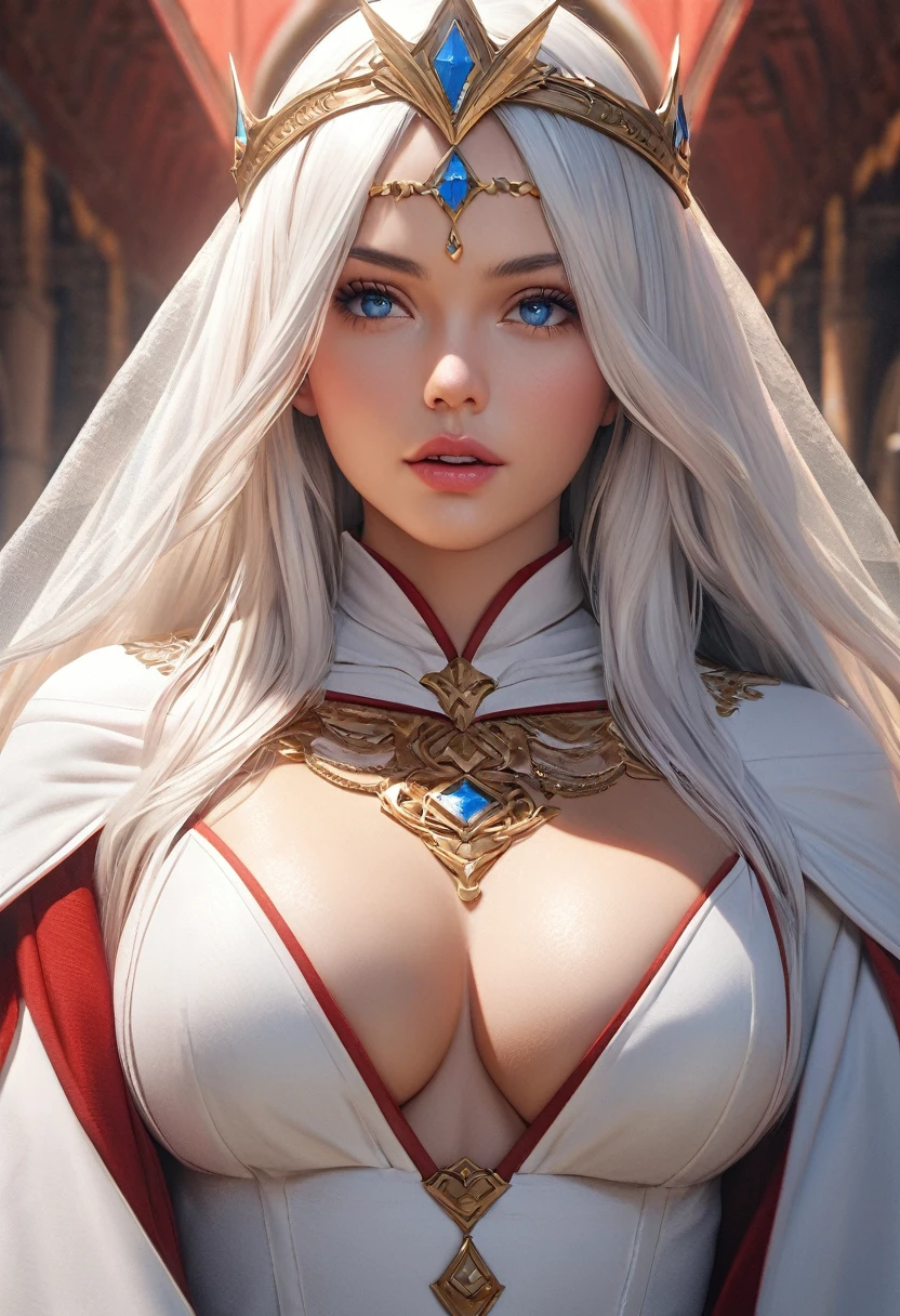 (best quality,4k,8k,highres,masterpiece:1.2), ultra-detailed, (realistic,photorealistic,photo-realistic:1.37),((Highly detailed CG Unity 8k wallpaper)), masterpiece, Super detailed, floating, High resolution, Sexually suggestive, (small, Extremely long white hair, Princess, White Mage, blue eyes, (It has long, wide sleeves and intricate embroidery. A gorgeous layered long dress in white and red with a sheer look), Bridal Veil, Circlet, Bridal Gauntlet, Blushing, shy, arched back, Frilled petticoat, Glamorous corset,