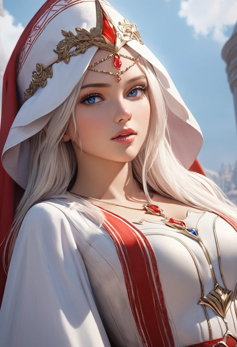 (best quality,4k,8k,highres,masterpiece:1.2), ultra-detailed, (realistic,photorealistic,photo-realistic:1.37),((Highly detailed CG Unity 8k wallpaper)), masterpiece, Super detailed, floating, High resolution, Sexually suggestive, (small, Extremely long white hair, Princess, White Mage, blue eyes, (It has long, wide sleeves and intricate embroidery. A gorgeous layered long dress in white and red with a sheer look), Bridal Veil, Circlet, Bridal Gauntlet, Blushing, shy, arched back, Frilled petticoat, Glamorous corset,