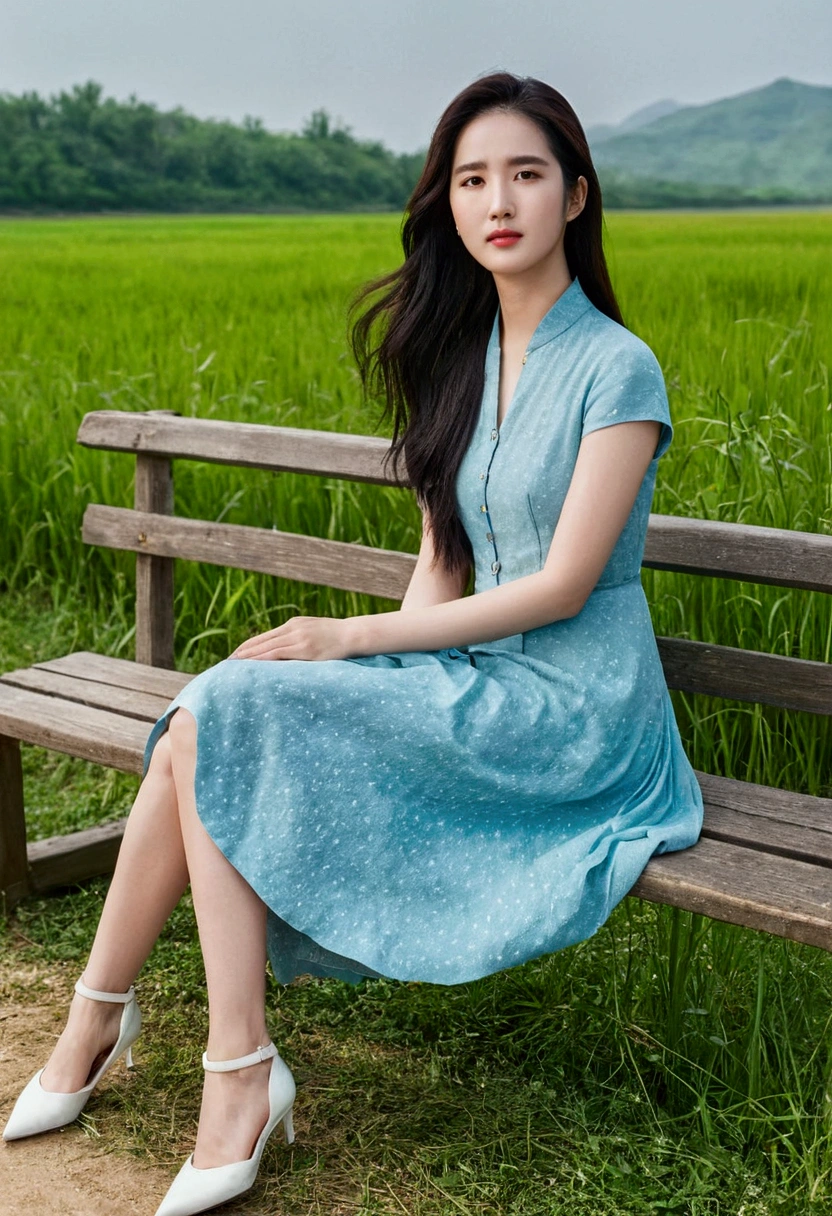 A young Liu YiFei , Chinese actress, full  body, sitting. on a bench, beside the grass road, at country side, beyond the meadow, waiting mode,  XF IQ4, 150MP, 50mm, ISO 1000, 1/250s, natural light, Adobe Lightroom, photolab, Affinity Photo, PhotoDirector 365