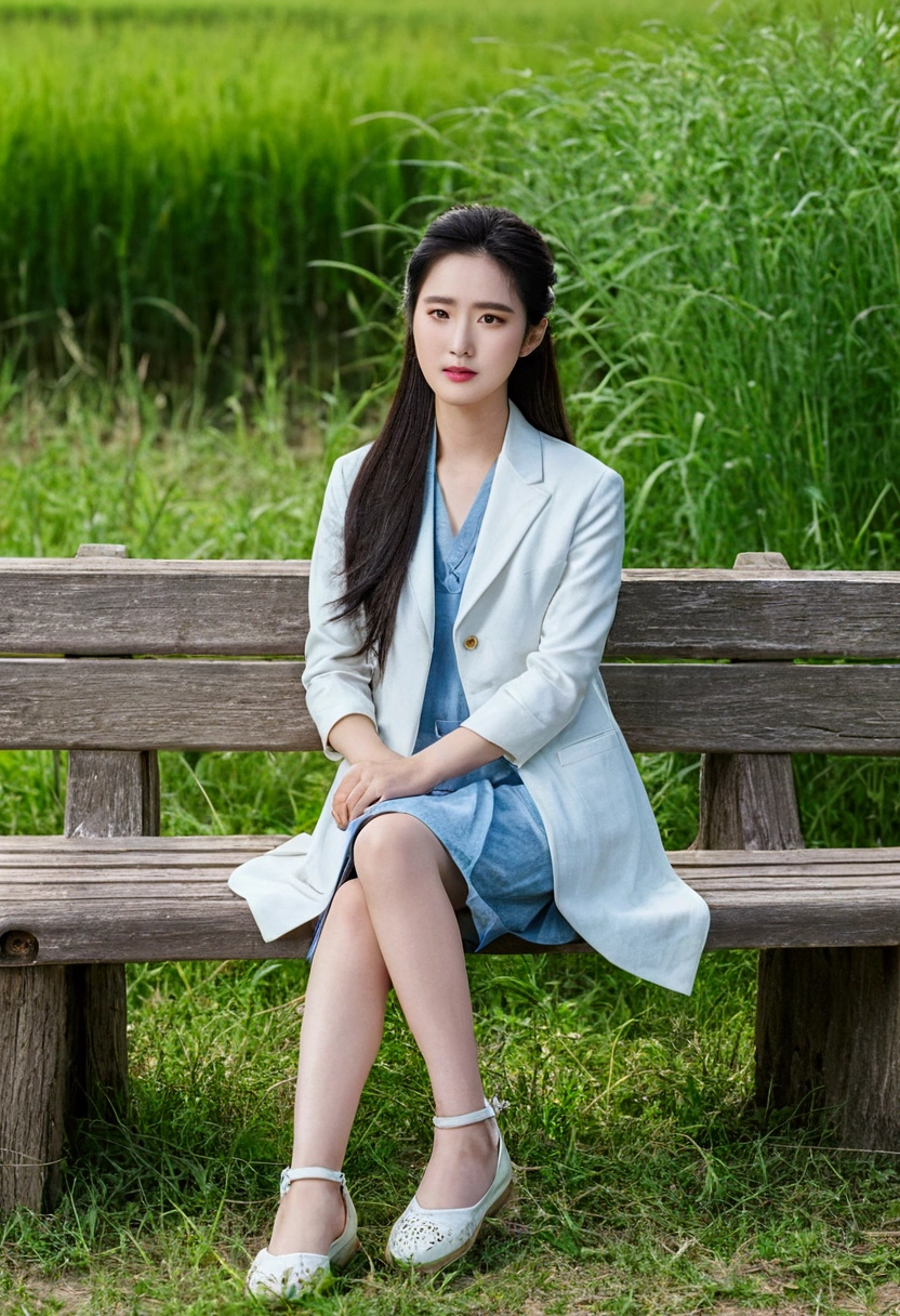 A young Liu YiFei , Chinese actress, full body, sitting. on a bench, beside the grass road, at country side, beyond the meadow, waiting mode, XF IQ4, 150MP, 50mm, ISO 1000, 1/250s, natural light, Adobe Lightroom, photolab, Affinity Photo, PhotoDirector 365