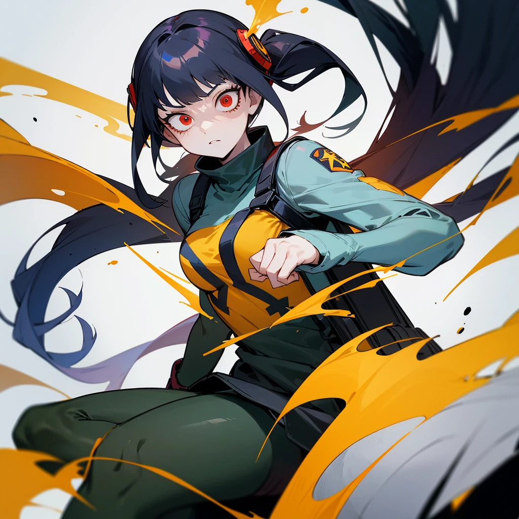 a pale girl, Her hair is black and she wears two low pigtails that fall on her shoulders due to her long hair., has a red eye (Right) and the other yellow (left), he is wearing a diver (Boku no hero academia). He is in a fighting position and a dark energy comes out of his hands..