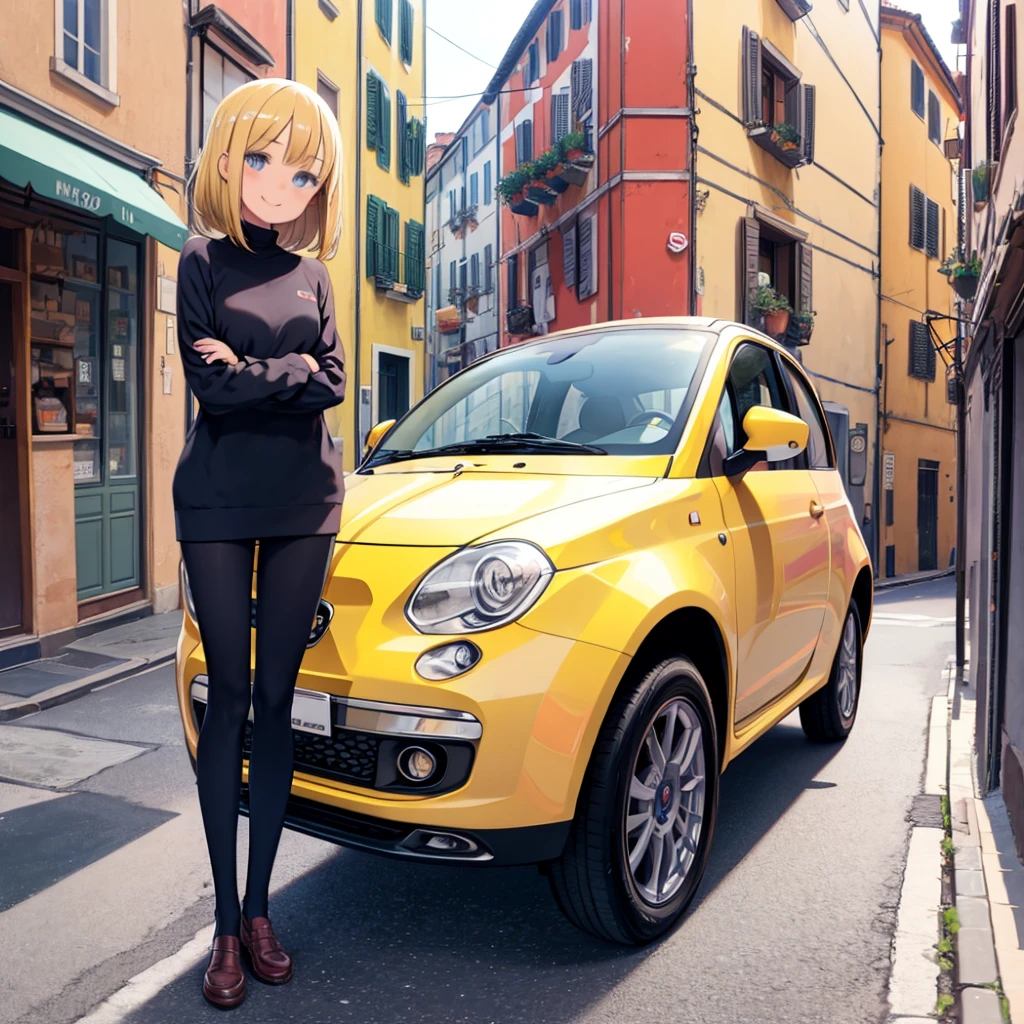 One Girl、Blonde、italian town、Girl behind the yellow car、Fiat 500、Smiling、Upper Body、