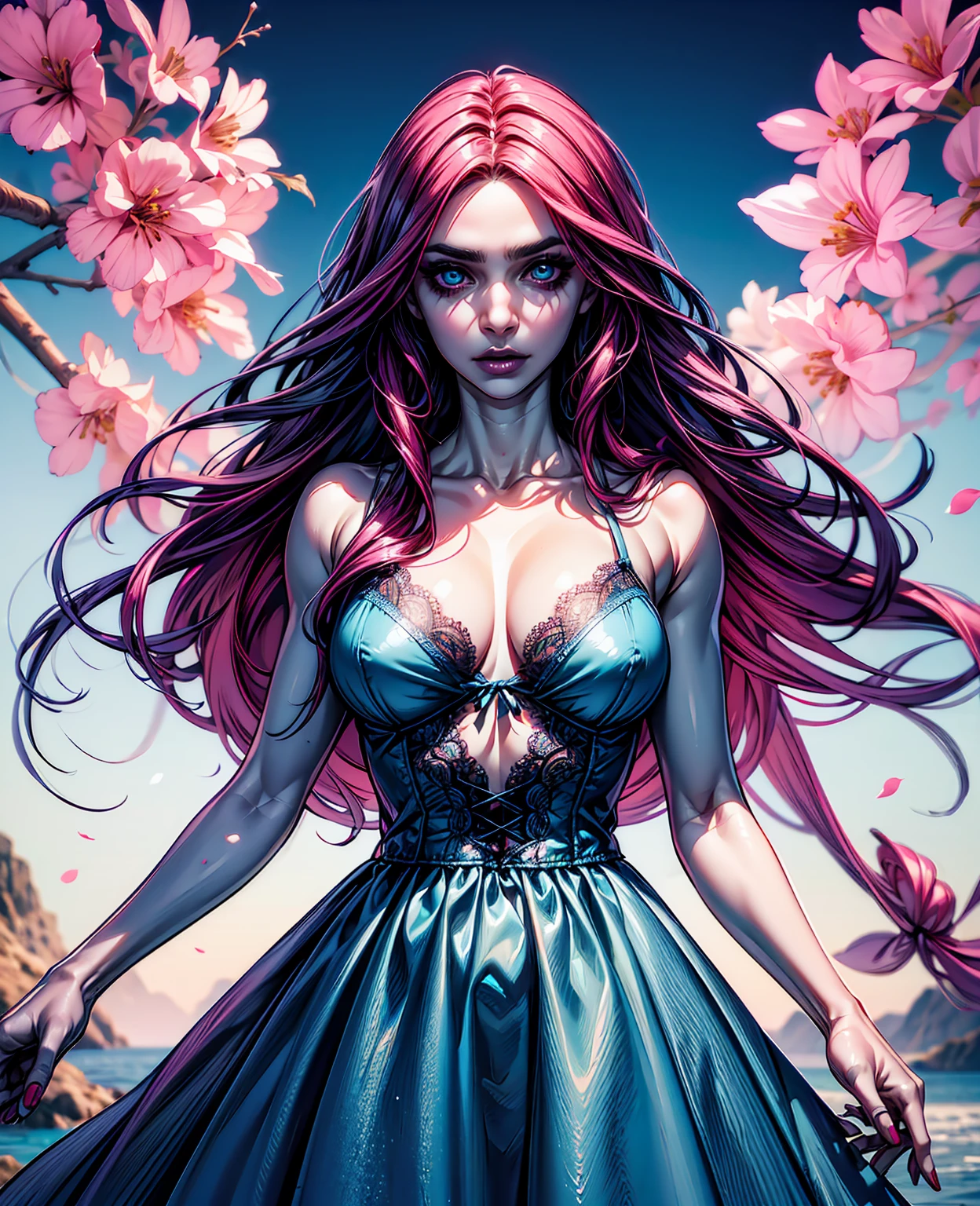 ( Absurd , High quality , ultra detailed, careful with hand )Zodiac - Cancer goddess , similar to latin goodness , Intelligent, crafty, rational, strong-willed face , mature , Tenacious, moody, irritable, oppressive style , ocean blue eyes(eyes detail), long hair , dark pink hair , transparent dress , lace lingerie, in the ocean with flowers , whole body , innocent make up look ,