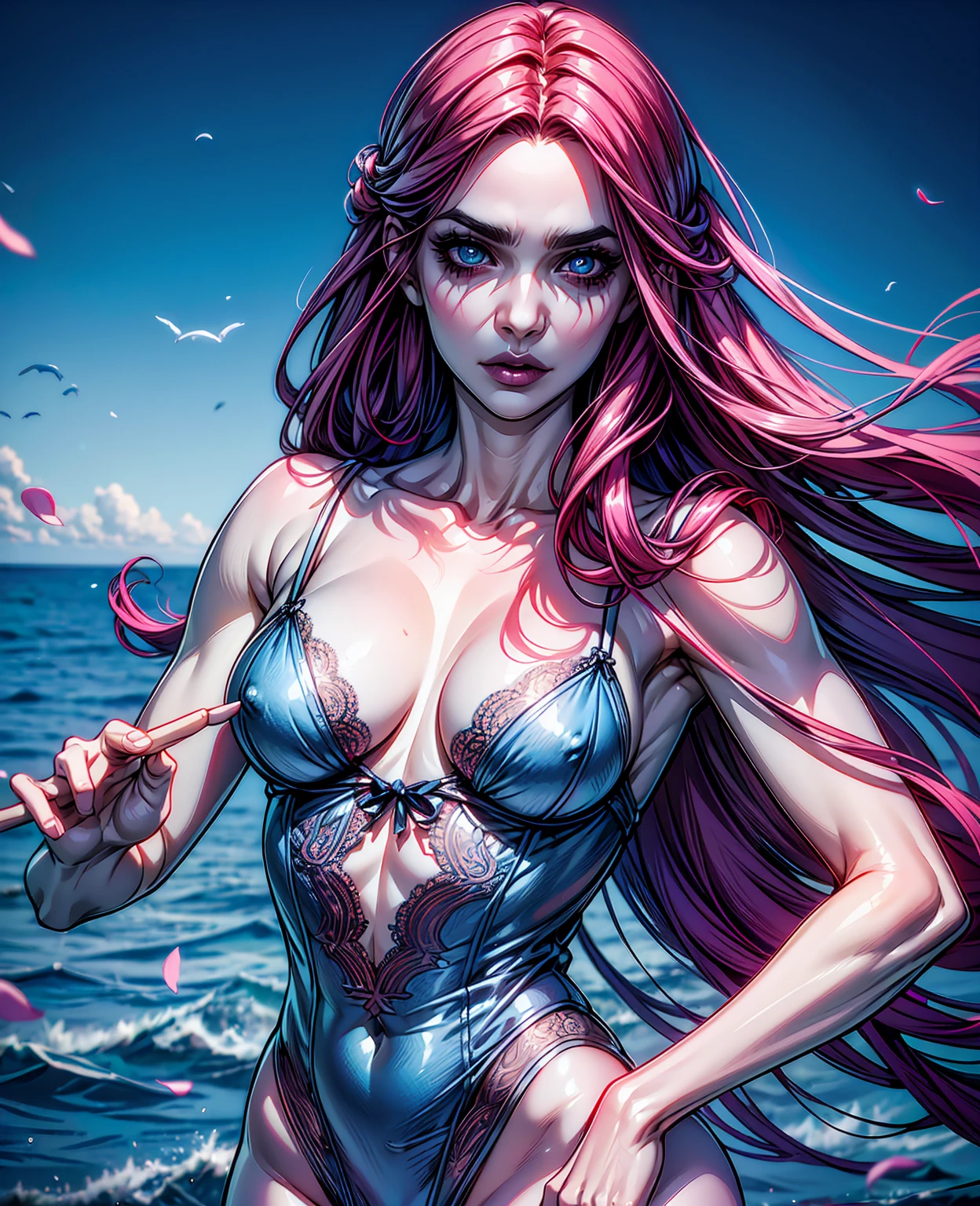 ( Absurd , High quality , ultra detailed, careful with hand )Zodiac - Cancer goddess , similar to latin goodness , Intelligent, crafty, rational, strong-willed face , mature , Tenacious, moody, irritable, oppressive style , ocean blue eyes(eyes detail), long hair , dark pink hair , transparent dress , lace lingerie, in the ocean with flowers , whole body , innocent make up look ,