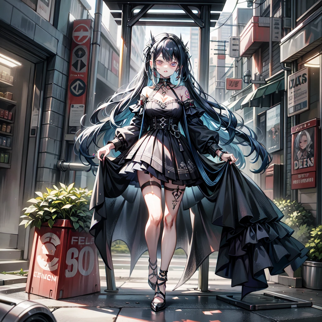 masterpiece, 8k, best quality, extremely detailed, ultra-detailed face, detailed eyes, hires, piercings, Ring, tattoo, goth punk, beautiful attractive girl, Full body, jewellery, Skirts with attention to detail, Perfectly proportioned, Big breasts, detailed hair, long hair