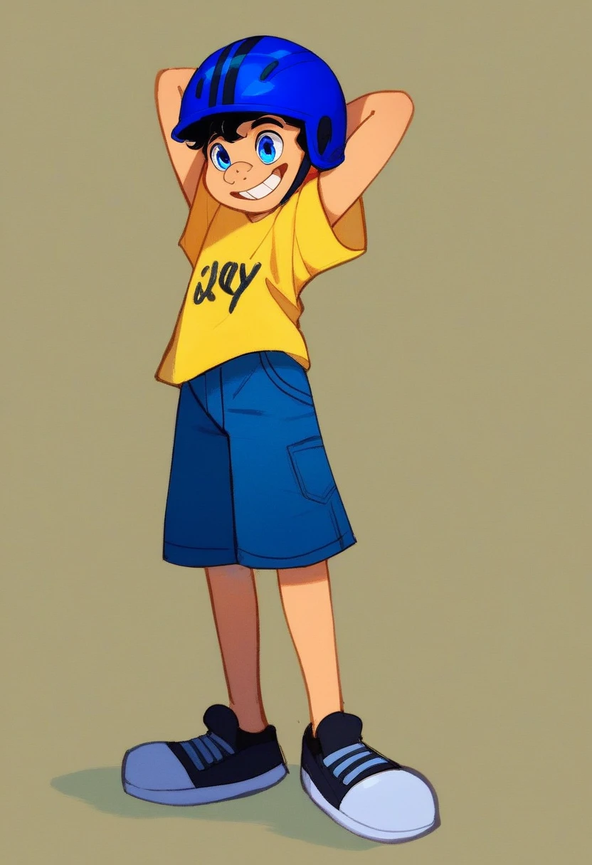 jeffy, solo, smile, simple background, shirt, 1boy, standing, full body, male focus, shoes, shorts, black footwear, t-shirt, blue headwear, yellow shirt, young adult, buck teeth, blue eyes, blue bicycle helmet, dark brown messy hair, pencil shoved up nose, blue crossed eyes, jeffy text on shirt, short dark blue jeans, pamper diaper on outside of pants, short dark blue jeans, unibrow, tall