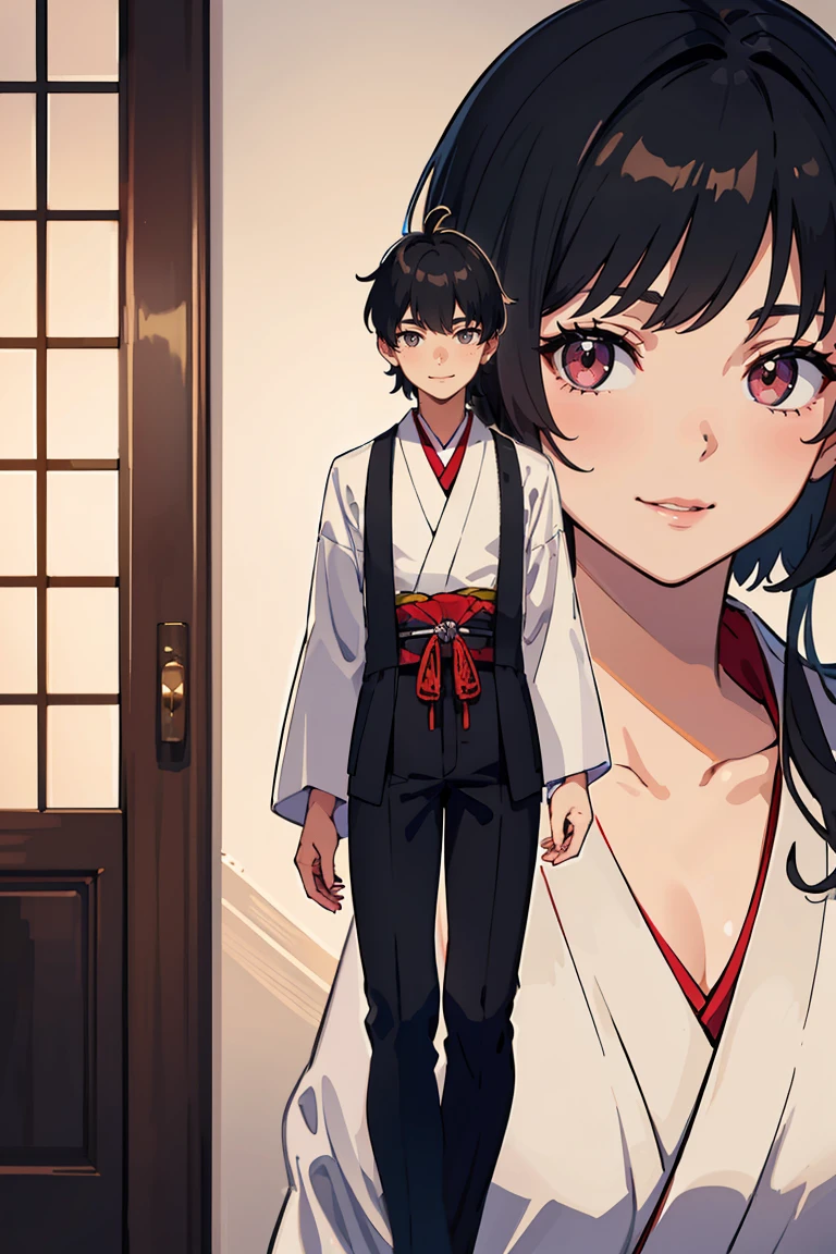 masterpiece, best quality, highly detailed background, perfect lighting, best quality, (extremely detailed face), volumetric lighting, intricate details, shadow, tonemapping, sharp focus, hyper detailed, trending on Artstation, (solo), ((Looking at the viewer)), (man) ((Young man)) (Black hair), ((thin)), ((delicate)), ((thin and fine figure)), ((elegant)), ((smile)), ((traditional men's clothing)) ((Japan)) ((Shota))