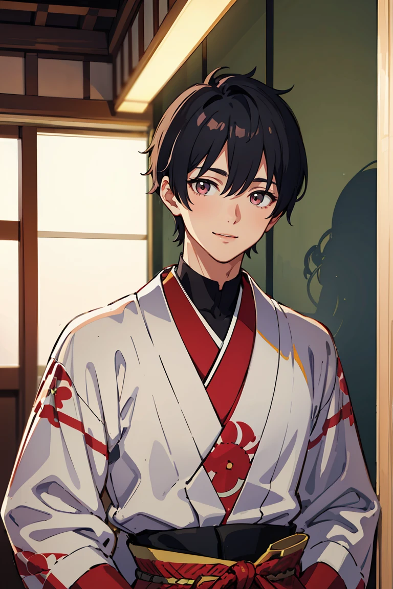 masterpiece, best quality, highly detailed background, perfect lighting, best quality, (extremely detailed face), volumetric lighting, intricate details, shadow, tonemapping, sharp focus, hyper detailed, trending on Artstation, (solo), ((Looking at the viewer)), (man) ((Young man)) (Black hair), ((thin)), ((delicate)), ((thin and fine figure)), ((elegant)), ((smile)), ((traditional men's clothing)) ((Japan)) ((Shota))
