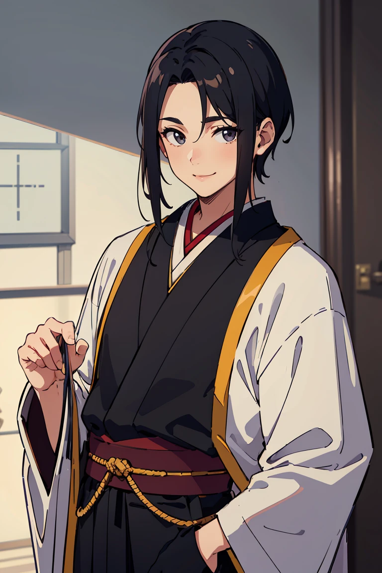 masterpiece, best quality, highly detailed background, perfect lighting, best quality, (extremely detailed face), volumetric lighting, intricate details, shadow, tonemapping, sharp focus, hyper detailed, trending on Artstation, (solo), ((Looking at the viewer)), (man) ((Young man)) (Black hair), ((thin)), ((delicate)), ((thin and fine figure)), ((elegant)), ((smile)), ((traditional men's clothing)) ((Japan)) ((Shota))