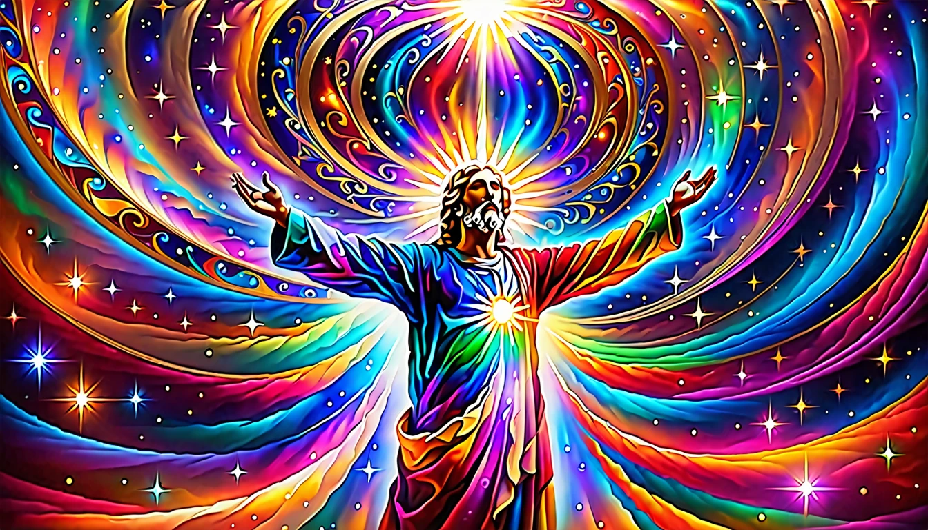 "Create a surreal digital artwork depicting a chosen one emitting radiant light and energy, floating in the center of the image. The chosen one should have a glowing, ethereal appearance, surrounded by swirling, vibrant colors that represent their spiritual power. Around the chosen one, there should be a crowd of people with awe-struck and curious expressions, some reaching out towards the figure while others appear to be recoiling. The background should feature abstract, cosmic elements with swirling patterns and vivid hues, enhancing the mystical atmosphere.