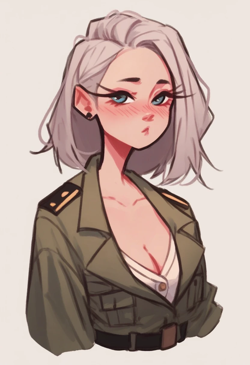 score_9, score_8_up, score_7_up, dijor, 1girl, solo, portrait, cute girl blushing, pretty, fair , wearing military suit, cleavage , (0.3),