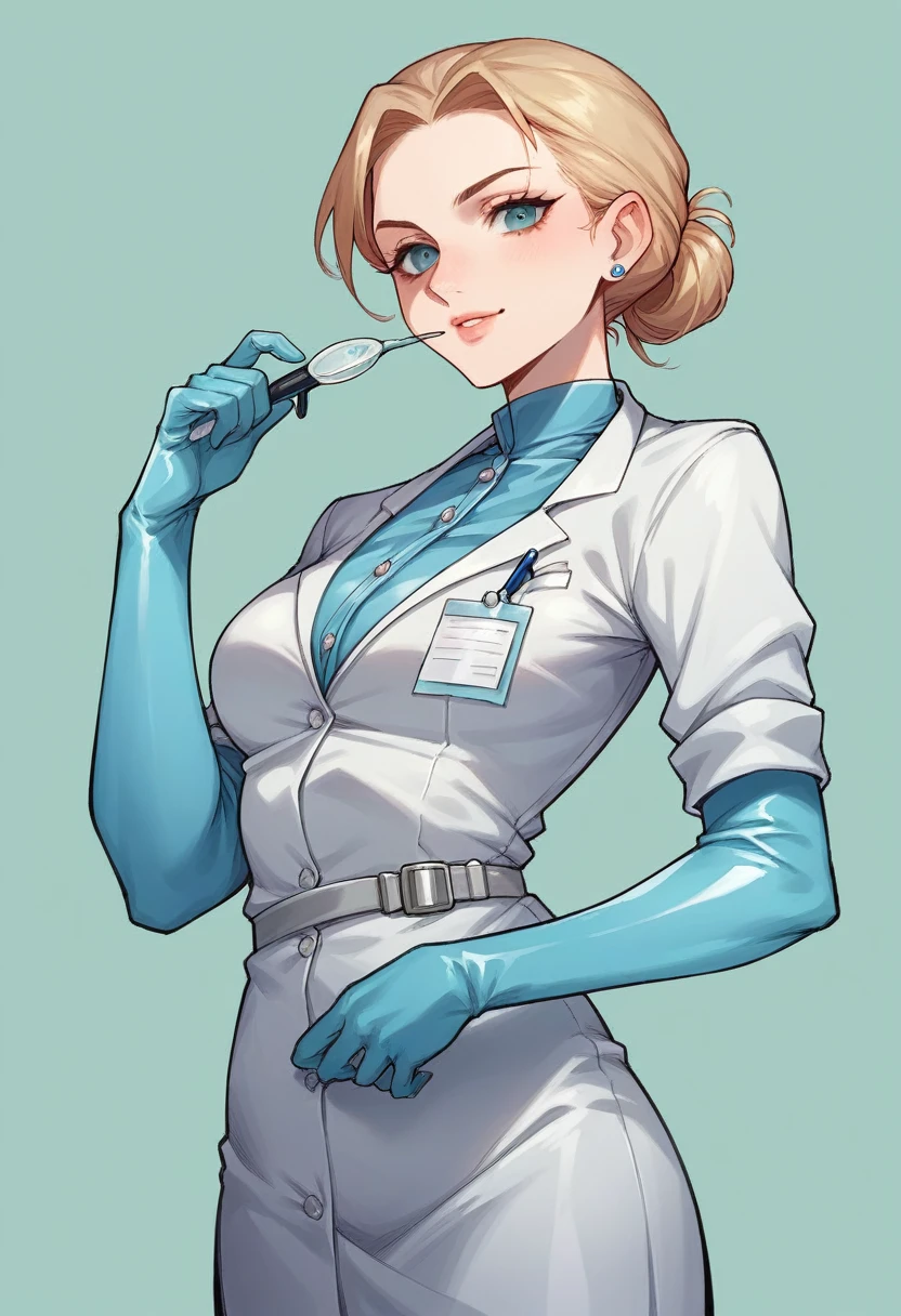 1girl, ((light blue elbow gloves)), ((surgical gloves)), ((latex gloves)), ((long sleeves)), ((surgeon outfit)), ((doctor)), looking at viewer, standing, solo