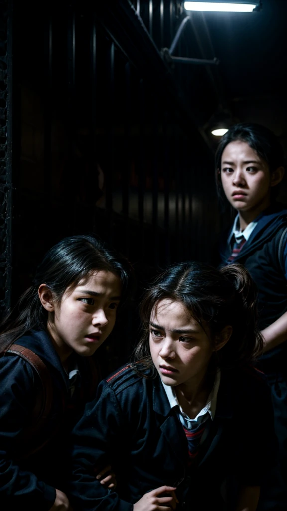 a young girl being bullied by delinquents, on the school grounds, highly detailed, realistic, photorealistic, 8k, HDR, studio lighting, dramatic lighting, gritty, intense, emotional, cinematic, high contrast, moody, dark, tense atmosphere, powerful, impactful, masterpiece, award winning