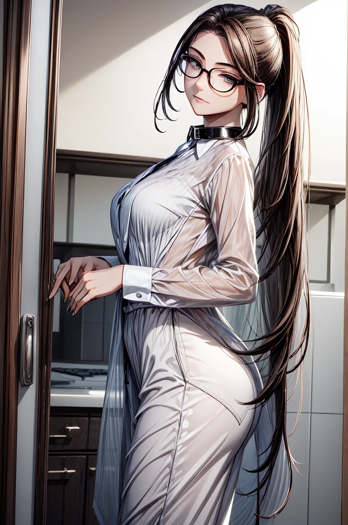 (masterpiece, best quality:1.2), detailed face, detailed eyes, elegant woman, long hair, high heeled, shiny skin, welcomes you at the door, dress shirt, pants, random collar, ponytail hair, cool attitude, cool glasses, exciting, cool, (perfect hands:1)