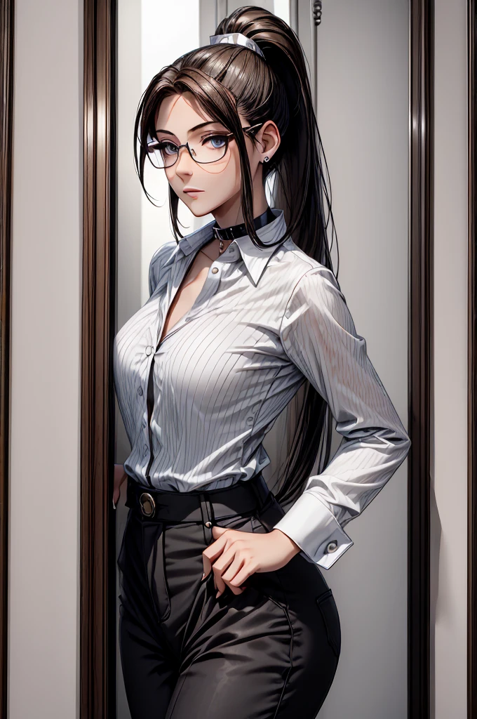 (masterpiece, best quality:1.2), detailed face, detailed eyes, elegant woman, long hair, high heeled, shiny skin, welcomes you at the door, dress shirt, pants, random collar, ponytail hair, cool attitude, cool glasses, exciting, cool, (perfect hands:1)